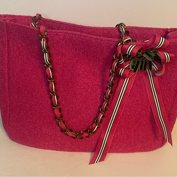 Elegant Goldie’s Pink Tweed Women's Bag with Ribbon Detail Chain Straps Preppy - Picture 1 of 15